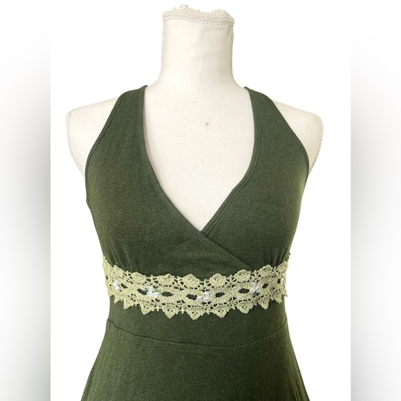 Y2k Free People Babydoll Halter Neck Green Mini Dress Crochet Empire Waist Fairy - Picture 3 of 12